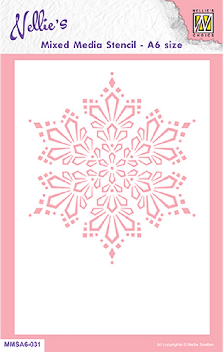 MMSA6-031 Nellie Snellen - A6 Mixed Media Stencil Snow Crystal - sjabloon plastic roze - sneeuwvlok middel - sneeuw kristal medium